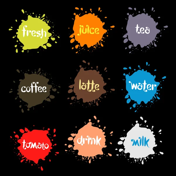 Borrões de pulverização, coloração de imagem colorida incomum conjunto de logotipos modernos. Coleta de fundos vetoriais de bebidas . — Vetor de Stock