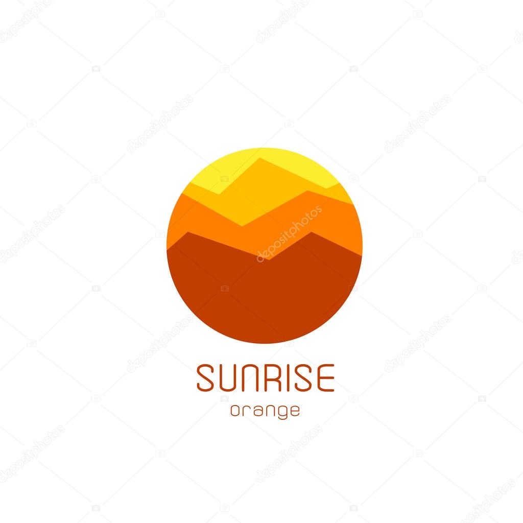 Isolated round sunrise vector logo. Mountains silhouette. Minimalistic evening sky