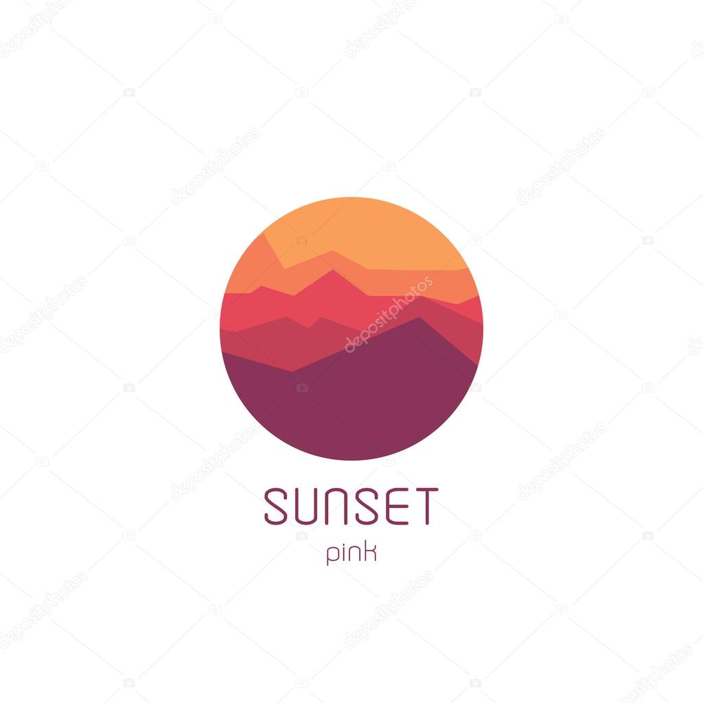 Isolated round sunset vector logo. Mountains silhouette. Minimalistic evening sky