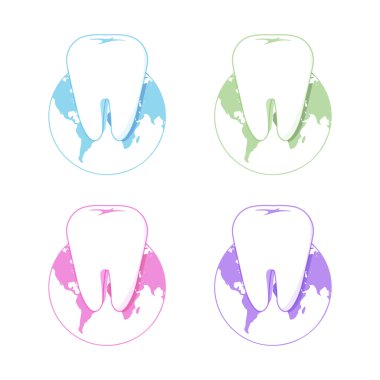 İzole beyaz diş vektör logo koymak. Yuvarlak şekli. Beyaz arka plan üzerinde diş hijyen logo koleksiyon. Diş implantları simgeler grubu. Çürüğü tedavi işareti.