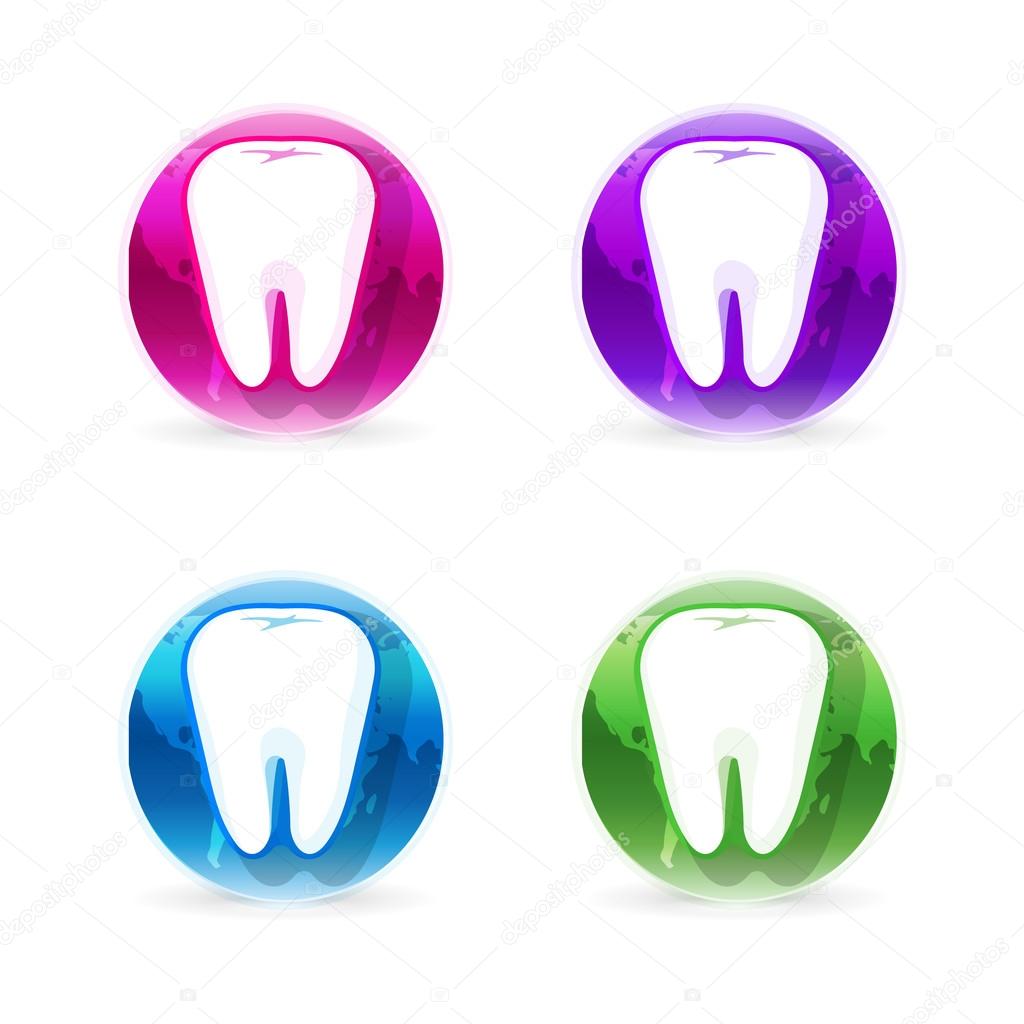 Isolated white tooth vector logo set. Round shape. Tooth hygiene logotype collection on the white background. Dental implants icons group. Caries treatment sign