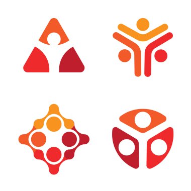 İzole kırmızı ve beyaz renkli dekoratif vektör logo koymak. Olağandışı insan siluet Logotype koleksiyonu. Geometrik figürler simgeler. Üçgen, rhombic, yuvarlak şekil işaretleri.