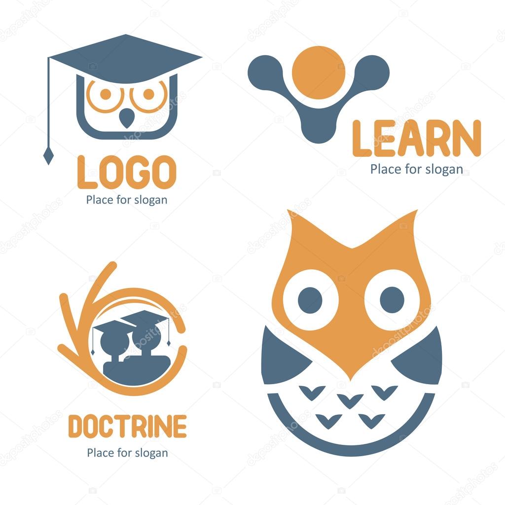 Isolated abstract studying vector logo set. Cartoon owl character logotypes collection. Education icons. School and university emblems