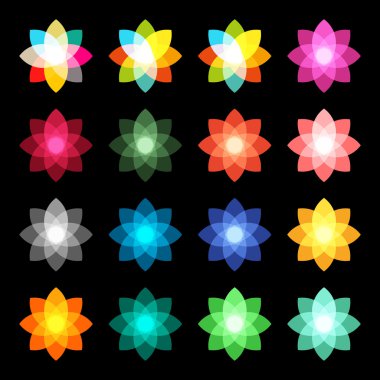 İzole soyut yıldız renkli logosu. Renkli çiçek logosu. Lotus vektör logotürü. Gladiolus vektör logosu. Nergis vektör logosu. Organik doğa simgesi. Tarımrenkli simgesi. Saydam efekt stilize.