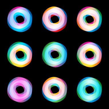 Twist renkli logo seti. Mektup O. Medya yalıtılmış vektör logo koleksiyonu. Soyut logo koleksiyonu. Parlak logo tipi. Kasırga, kasırga grafik çizimler. Daire simgesi. Renkli soyut semboller.