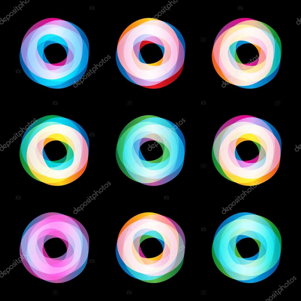 Twist colorful logo set. Letter O. Media isolated vector logo collection. Abstract logo collection. Shiny logotype. Hurricane, tornado graphic illustrations. Circle icon. Colorful abstract symbols.