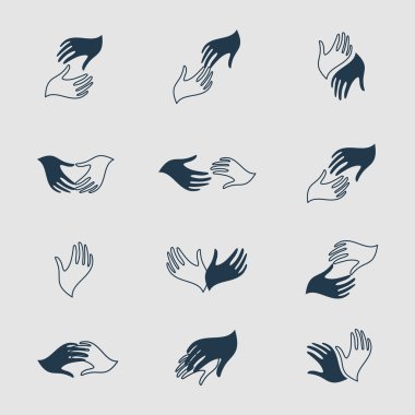 Gönüllü iş logosu şablonu. Gönüllü logo izole edildi. Vektör eller görüntüsü. Gönüllü sendika. Bakım logosu. Dikkat vektörü çizimi. El gönüllülüğü simgeleri. Aile sevgisi işareti. Eller.