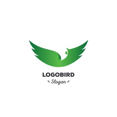 Eğlenceli, güzellik, izole, karikatür, geek kartal kanatları yaymak sinekler, oval vektör şekli, minimal, düz, yuvarlak stilize logo, yeşil renk logo şablonu, kuş, kartal, şahin, akbaba, tüyler, kanatlar eleman logosu