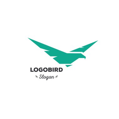 İzole, karikatür, geek, sıkı kartal uçan, üçgen vektör şekli, minimalizm, düz, şık, geometrik stilize logo, turkuaz renk logo şablonu, kuş, kanatlar, tüyler, kartal elemanı logosu