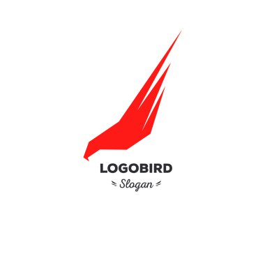İzole, karikatür, geek, sıkı kartal uçan, üçgen vektör şekli, minimalizm, düz, şık, geometrik stilize logo, kırmızı renk logo şablonu, kuş, kanatlar, tüyler, kartal elemanı logosu.