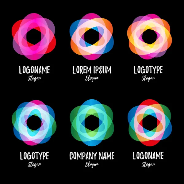 Ovales croisés colorés sur fond noir. Logo coloré vecteur isolé torsion abstraite. Logos brillants collection. Ouragan, logotype de tornade . — Image vectorielle