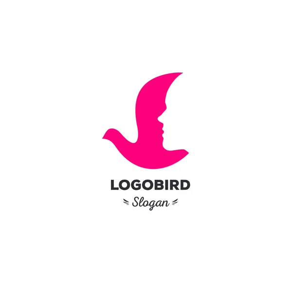 Fun, beauty, isolated, cartoon, geek dove, vector shape, stylish, minimalistic, flat, elegant, silhouette stylized logotype, pink color logo template. Dove, bird, wings, face, tail, duck wings, tail. Stock Vector