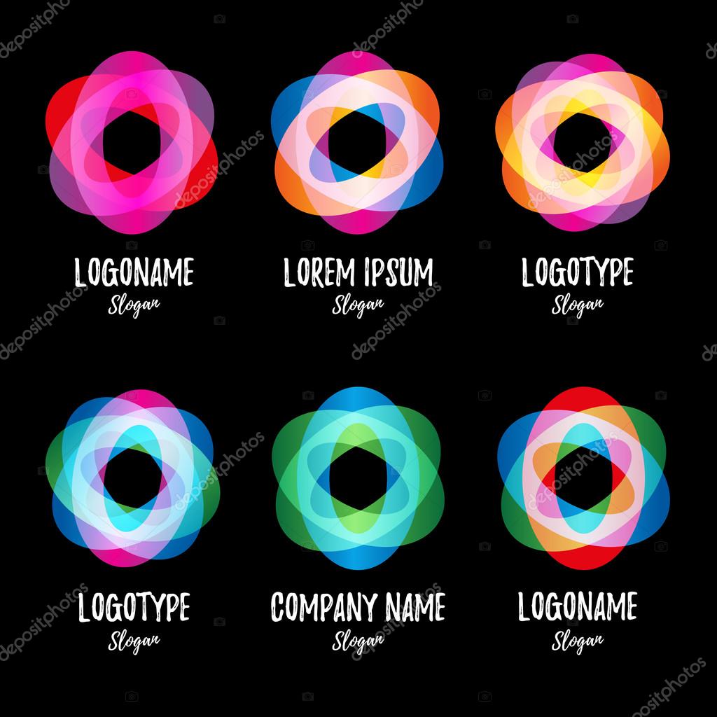 Colored intersecting ovals on black background. Abstract twist isolated vector colorful logo. Collection shiny logos. Hurricane, tornado logotype