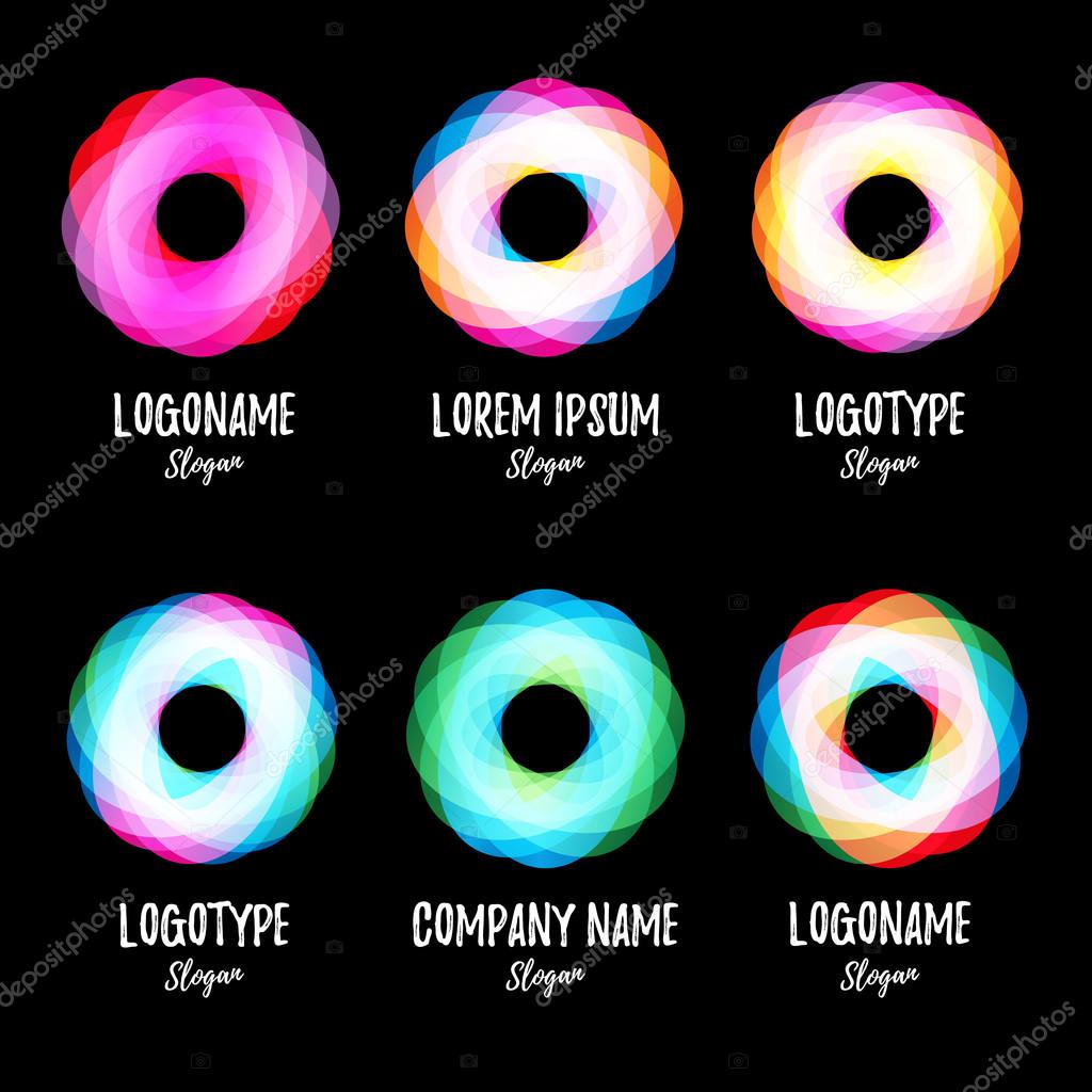 Colored intersecting ovals on black background. Abstract twist isolated vector colorful logo. Collection shiny logos. Hurricane, tornado logotype