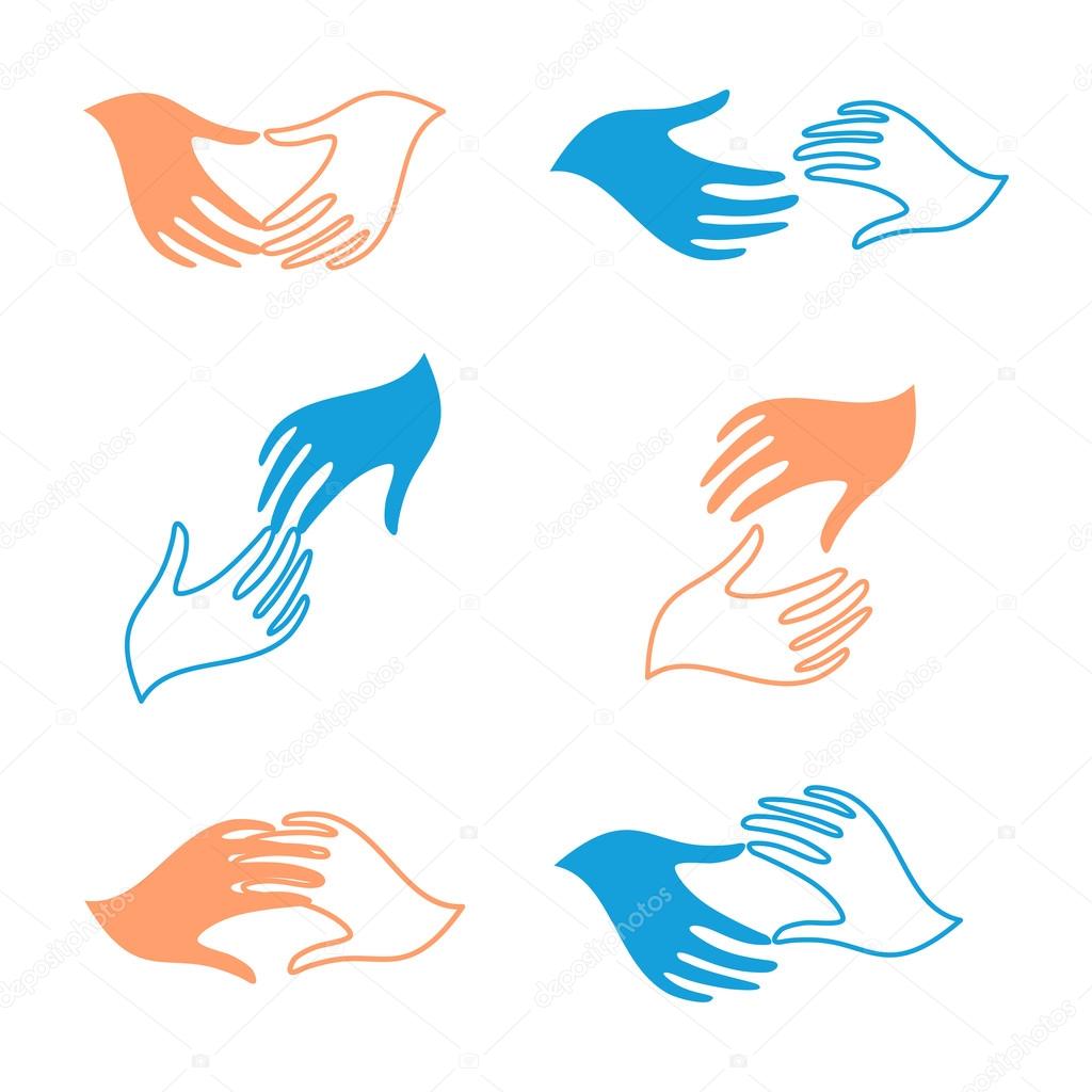 Isolated abstract human hands vector logo set. Touching fingers logotypes collection. Help and support sign. Charity icon. People friendship symbol.
