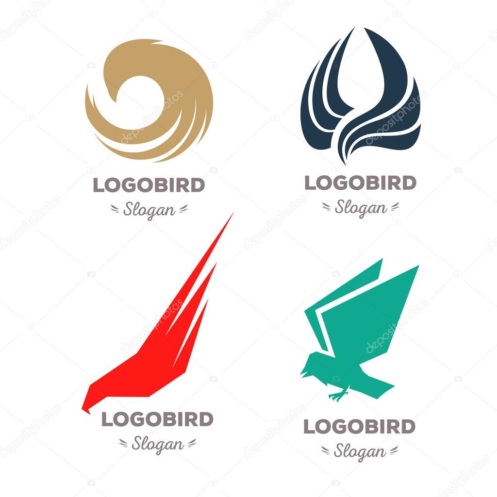 Isolated colorful flying birds vector logo set. Animal logotypes collection. Wings contour illustration. Pigeon silhouette. Eagle icon.