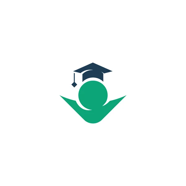 Isolerad grön färg student kontur i en blå mössa vektor logotyp. Utbildning illustration. Minimalistisk skola och universitets logotyp. Att studera skylt. — Stock vektor