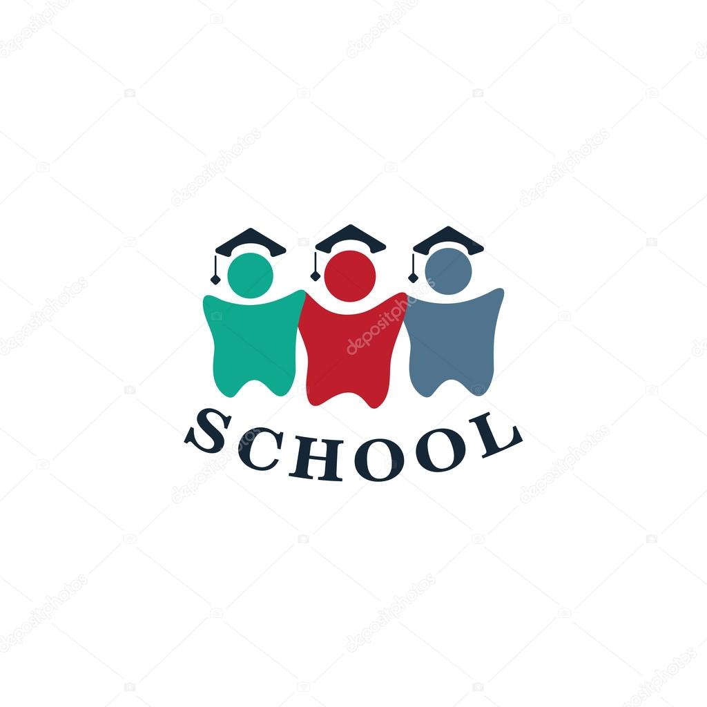 Isolated colorful human silhouettes in hats with writing vector logo. Students contour logotype. Dentist school emblem. Cartoon illustration. Medical element. Teeth image.