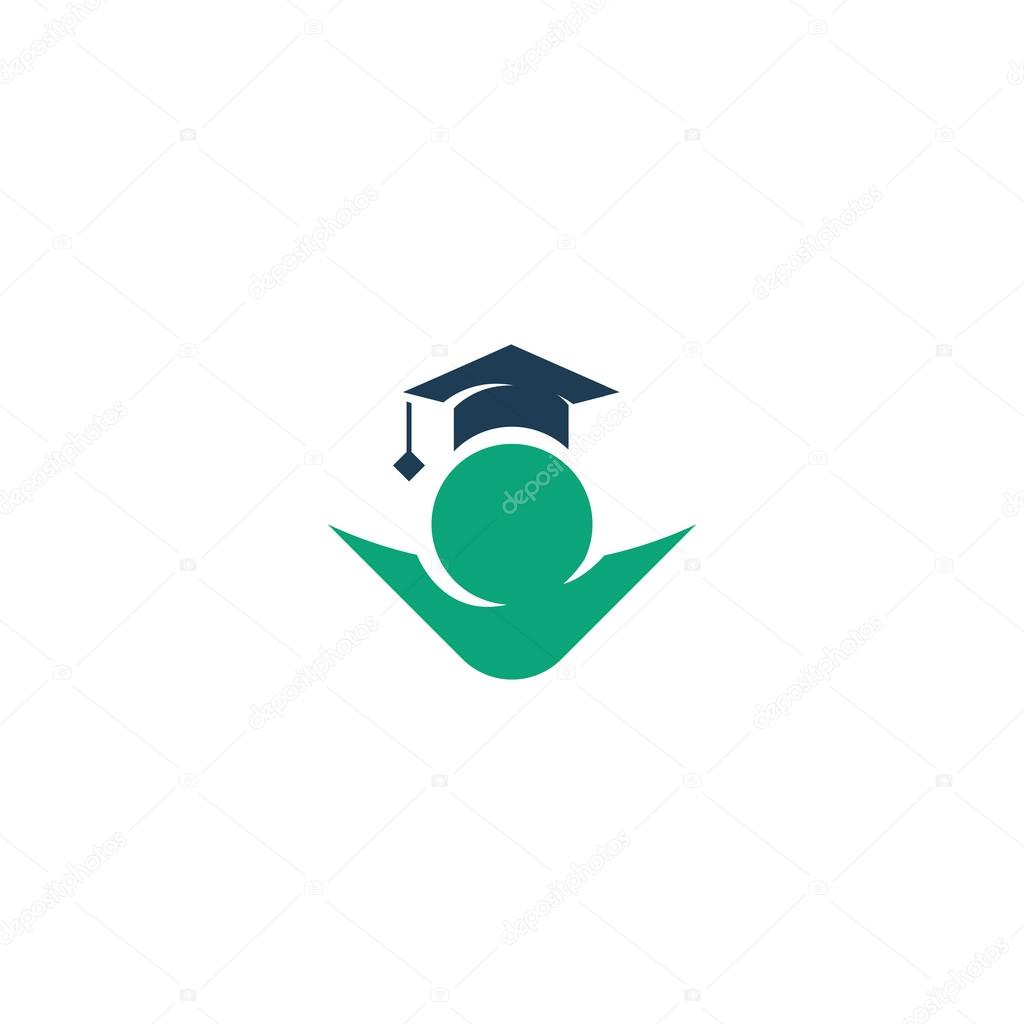 Isolated green color student contour in a blue cap vector logo. Education illustration. Minimalistic school and university logotype. Studying sign