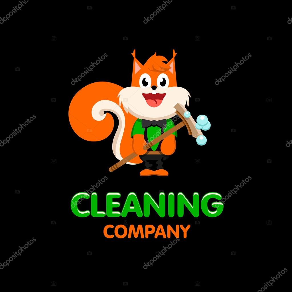Isolated orange color squirrel with mop vector logo on the black background. Cleaning company business emblem. Household service icon. Smiling cartoon character logotype. Animal illustration.