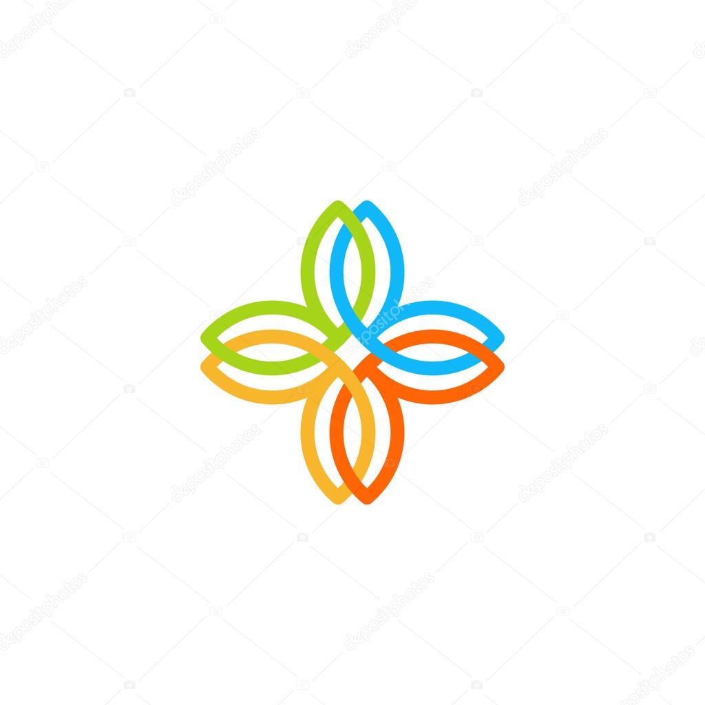 Isolated abstract colorful cross vector logo. Medical logotype. Flower petals illustration. Floral decorative element. Clinic and hospital emblem. Natural products icon