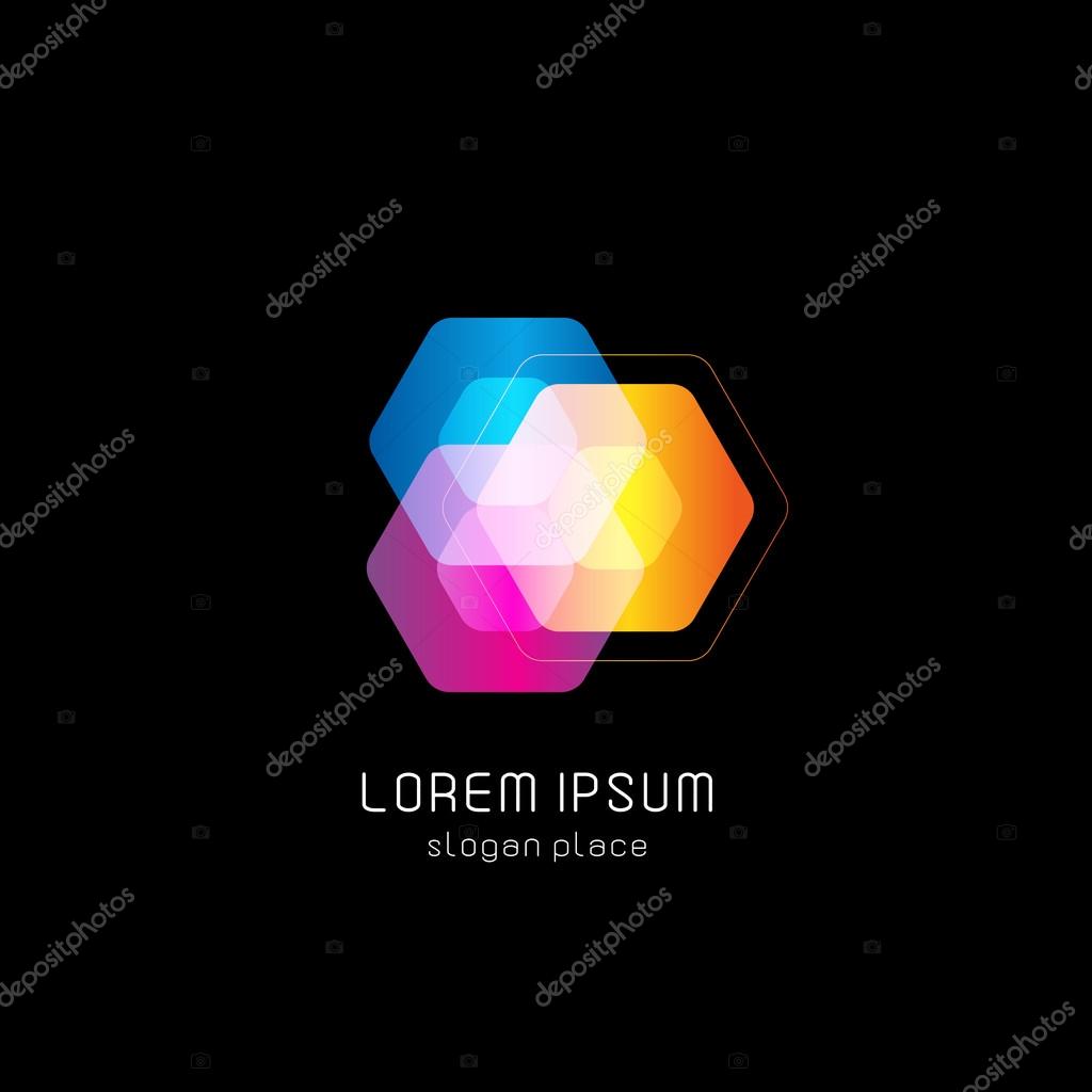 Isolated abstract colorful polygons vector logo. Geometric shapes logotype on the black background. Gemstones illustration. Luxury jewelry store sign. Accessories icon.