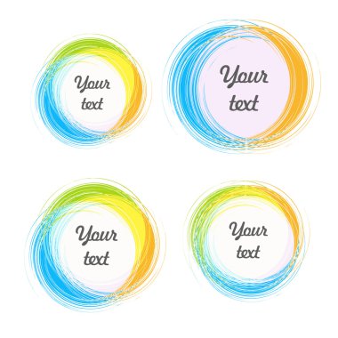 Arka plan için tasarım öğeleri. Metinle renkli dairesel çıkartmalar.