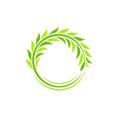 İzole soyut yuvarlak şekil yeşil renk bitki vektör logosu. Buğday kulak logosu. Dairesel çelenk illüstrasyon. Tarımsal sanayi unsuru. Yaprak işareti. Doğal sembol.