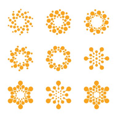 Soyut vektör daire logotürü. Turuncu sıradışı izole kimya logoları ayarlayın. Virüs simgesi. Turuncu güneşli güneş. Çiçek.