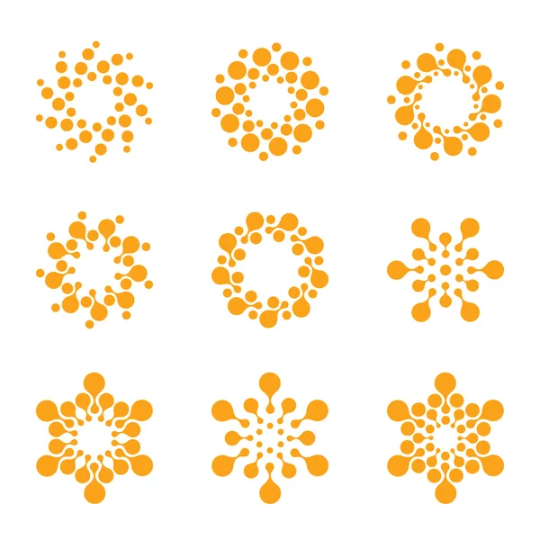 Logotype de cercle vectoriel abstrait. Logos chimiques isolés inhabituels orange ensemble. Icône de virus. Soleil orange ensoleillé. Fleur . — Image vectorielle