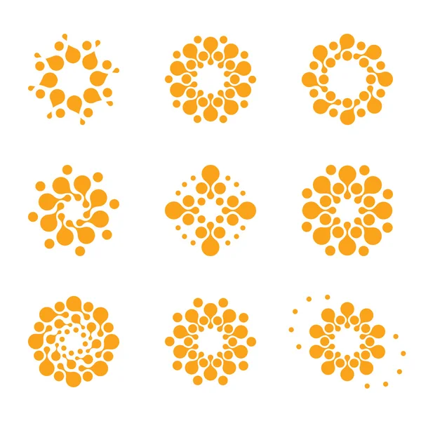 Abstract vector circle logotype. Orange unusual isolated chemistry logos set. Virus icon. Orange sunny sun. Flower. — Stock Vector