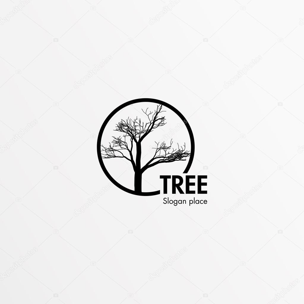 Mystical, isolated, single, beauty, bald tree. Black round frame. Round vector shape. Stylish, minimalistic,lineart,outlinecontour flat round flourish stylized logotype Black color logo template
