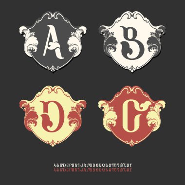 Logoların vektör koleksiyonu, monogram alfabesi. Reklam panolarında sıra dışı alfabe. Rönesans ve barok tarzda armanlar. Kıvırcık desenler. Olağandışı vintage logo.