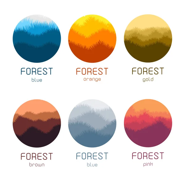 Isolated round forest vector logo set. Gold forest silhouette logotypes collection. — Stock Vector