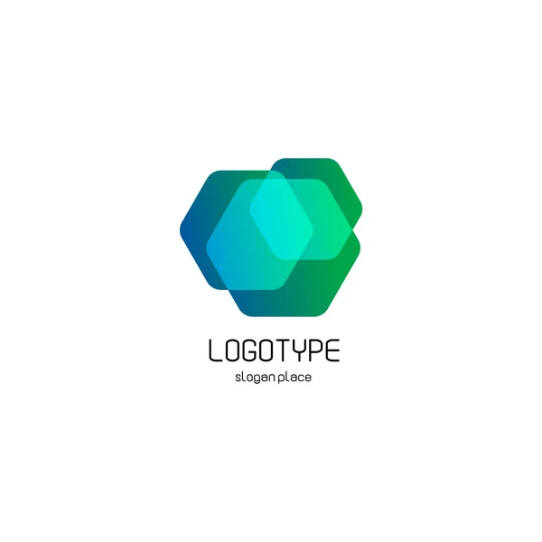 Изолированные абстрактные шестиугольники накладывают векторный логотип. Логотип фигуры многоугольной полупрозрачной геометрической формы на белом фоне, Синий, зеленый, бирюзовый цветовой вектор . — стоковый вектор