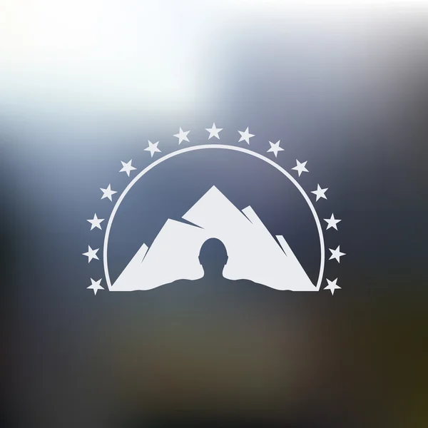 Terisolasi gunung abstrak dengan manusia siluet vektor logo. Man garis besar dengan lanskap bukit. Ilustrasi puncak salju . - Stok Vektor