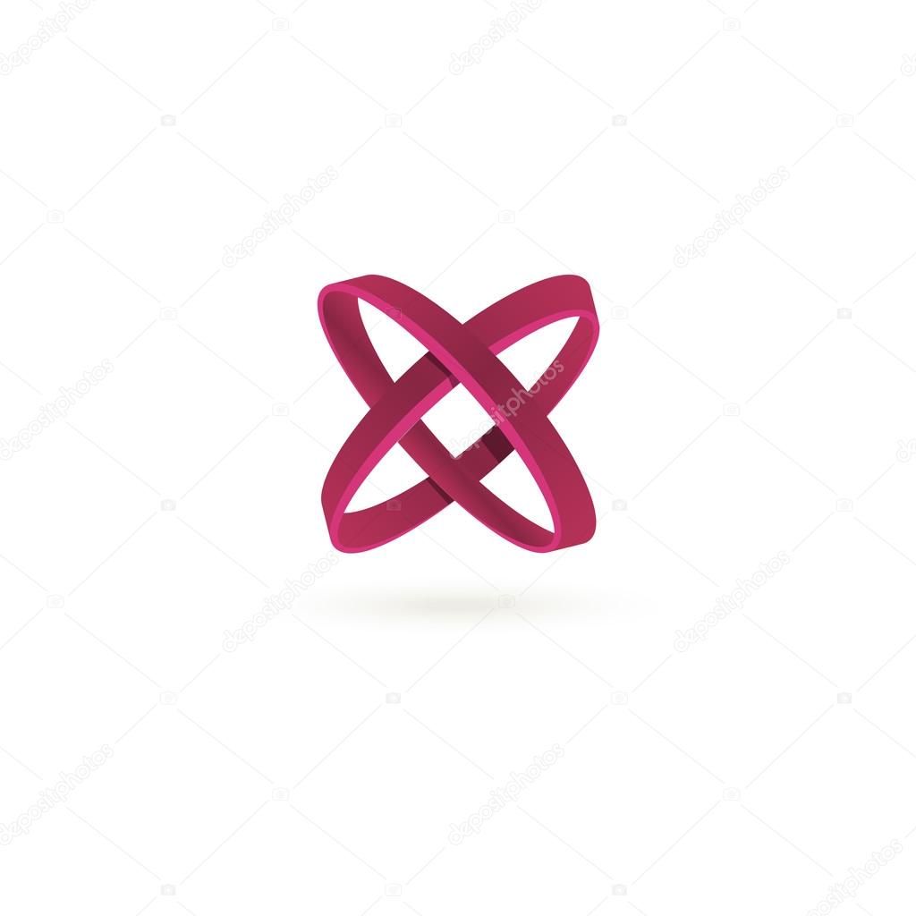 Isolated crimson color cross vector logo. Abstract circles on the white background. Geometric elements. Atoms movement. Letter X. Chemical icon. Arithmetic multiplication sign