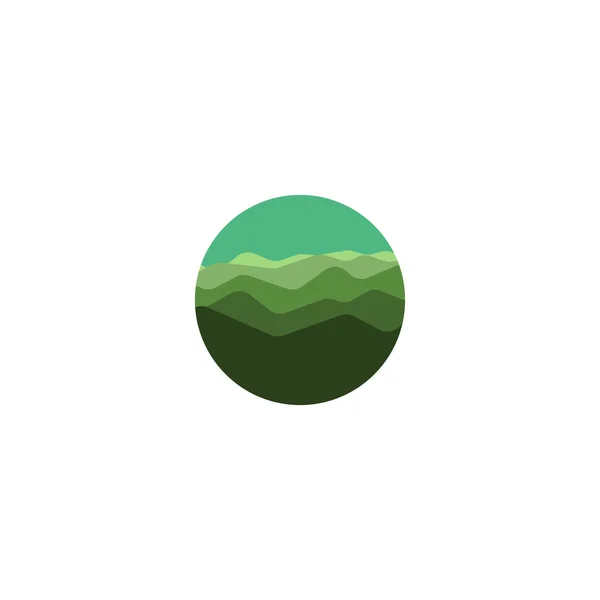 Isolierte runde Form grüne Farbe wilde Natur-Panorama-Logo. Gebirgsschilder. Wasserwellen-Symbol. Bild der natürlichen Umwelt. Vektorillustration. — Stockvektor