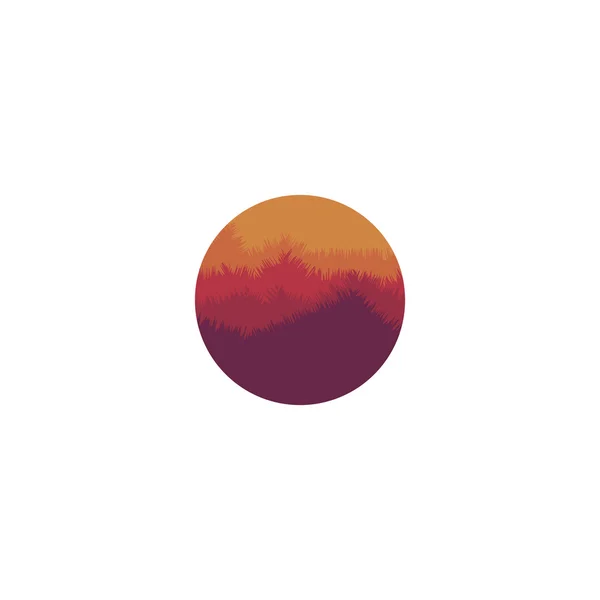 Μεμονωμένο αφηρημένο κυκλικό σχήμα βουνό με το λογότυπο των δέντρων. Ηλιοβασίλεμα, εικόνα ηλίου. Φυσικό περιβάλλον λογοτύπων σιλουέτας. Το εικονίδιο του τοπίου της Μίστι. Εικόνα διανύσματος Λυκόφως. — Διανυσματικό Αρχείο