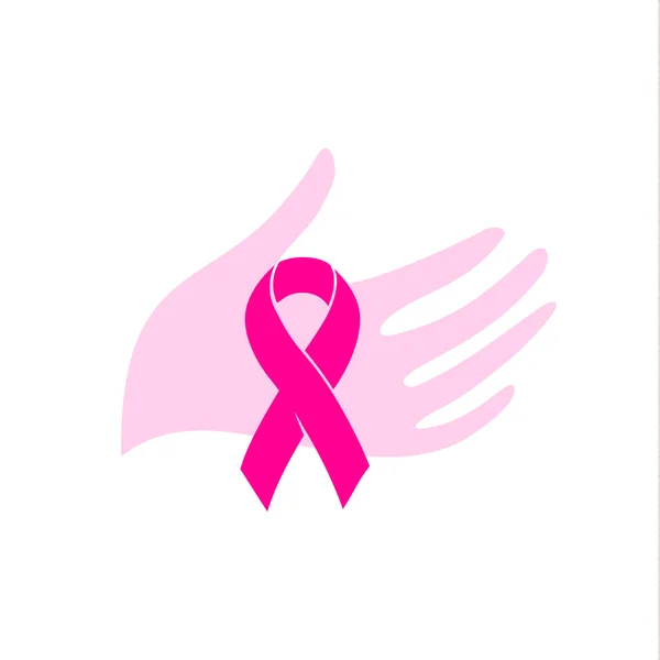 Απομονωμένη ροζ έγχρωμη κορδέλα σε ένα ανθρώπινο χέρι στο λευκό λογότυπο φόντο. Ενάντια στο λογοτύπο του καρκίνου. Σταματήστε το σύμβολο της νόσου. Παγκόσμια εβδομάδα καρκίνου του μαστού. Ιατρικό σημάδι. Απεικόνιση διανυσματικών φορέων. — Διανυσματικό Αρχείο