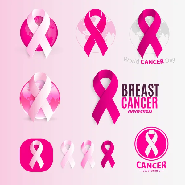 Fitas de cor rosa e branca isoladas conjunto de logotipo. Contra a coleção de logotipos de câncer. Pare o símbolo da doença. Semana mundial internacional do cancro da mama. Sinal médico. Ilustração vetorial . — Vetor de Stock