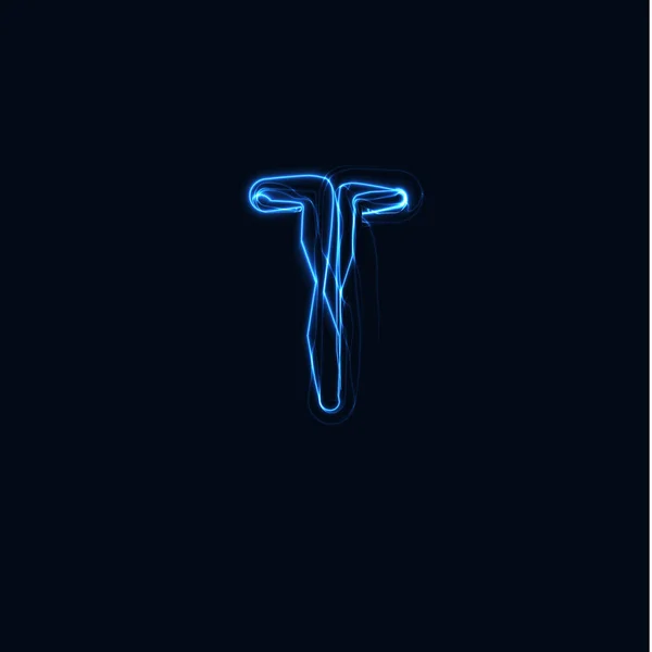 Rayo Realista letra T, brillante logotipo de glamour, símbolo de estilo de brillo de energía eléctrica, signo de plasma tesla azul. Ilustración vectorial Thunderbolt, diseño tipográfico — Vector de stock