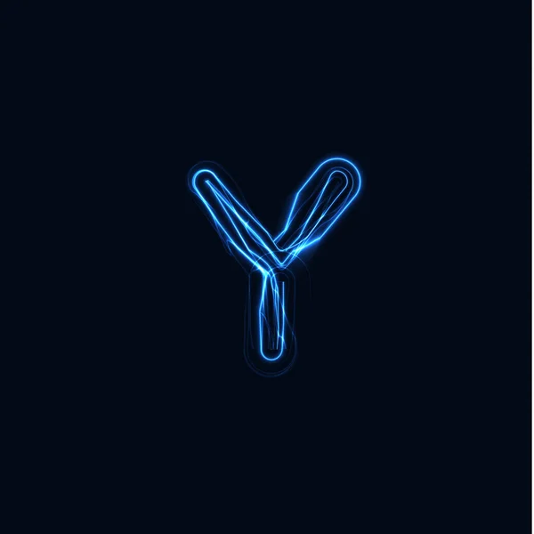 Éclair lettre réaliste Y, logo lumineux de gants, symbole de style de lueur d'énergie électrique, signe bleu de type plasma tesla. Illustration vectorielle Thunderbolt, conception typographique — Image vectorielle