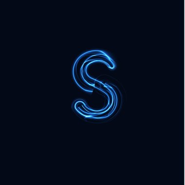 Şimşek Gerçekçi S harfi, parlak eldiven logosu, elektrik enerjisi parıltısı tarzı sembol, mavi Tesla plazma işareti. Thunderbolt vektör çizimi, tipografi tasarımı