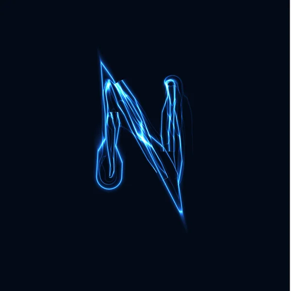 Lightning現実的な文字N 、明るい手袋のロゴ、電気エネルギー輝きスタイルのシンボル、青テスラプラズマタイプのサイン。Thunderboltベクトル図,タイポグラフィのデザイン — ストックベクタ