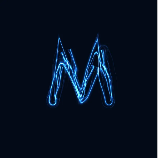 Lightning Realistic letter M, bright gloving logo, electric energy glow style symbol, blue tesla plasma type sign. Thunderbolt vector illustration, typography design — Stock Vector