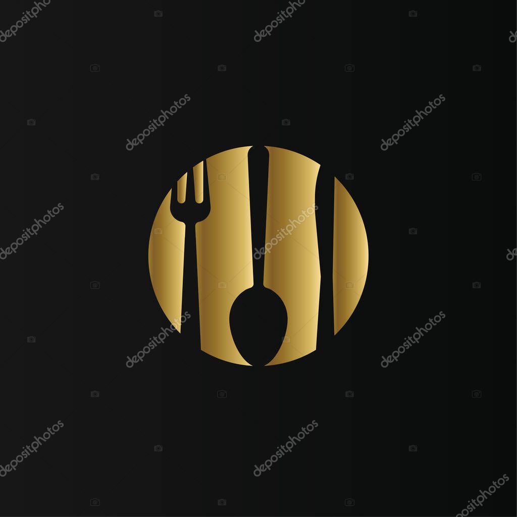Golden circle with cutlery inside. Isolated logo on black background. Fork spoon and knife in negative circle space. Flat silhouette style vector icon. Premium emblem for restaurant business.