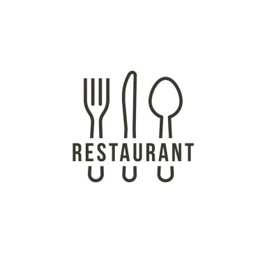 Bıçak, kaşık ve kaşık, beyaz arka planda izole edilmiş ikon. Contour çatal bıçak takımı, basit çizgili sanat tarzı vektör logosu konsepti. Restoran işi, yemek tarifi kitabı veya çatal bıçak dükkanı için basit grafikler