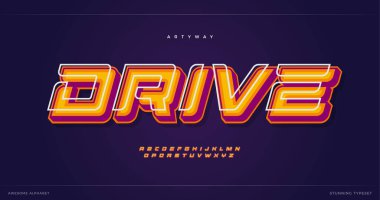 Modern ve havalı efektli turuncu alfabeyi parlat. Parlak gölgeli üç boyutlu harfler. Çizgi roman tarzı dekoratif yazı tipi. Vektör tipografi.