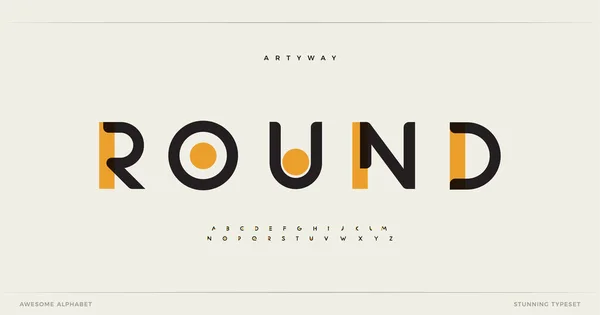 Rond modern alfabet. Gevallen prachtig lettertype, type voor futuristisch logo, kop, creatieve belettering en maxi typografie. Minimale stijl letters met gele vlek. Typografisch ontwerp van de vector — Stockvector